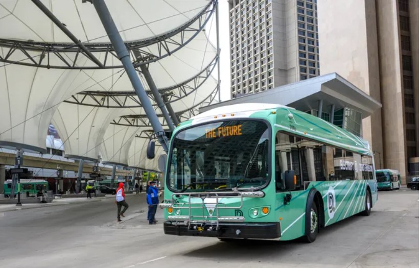 A DDOT electric bus manufactured by Proterrra leaves the Rose Parks Transit Center follwing a press conference, Monday, May 23, 2022